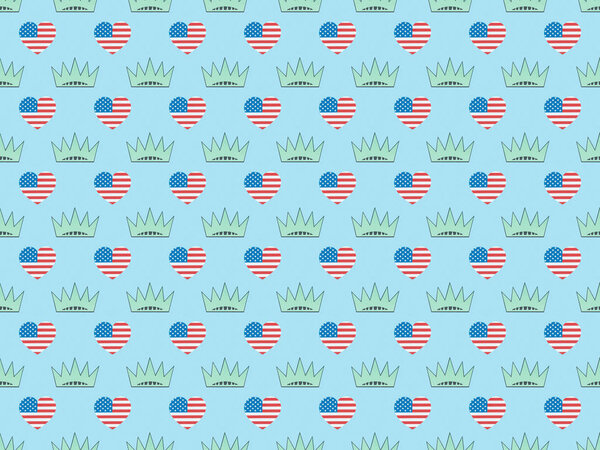 seamless background pattern with hearts made of us flags and crowns on blue, Independence Day concept