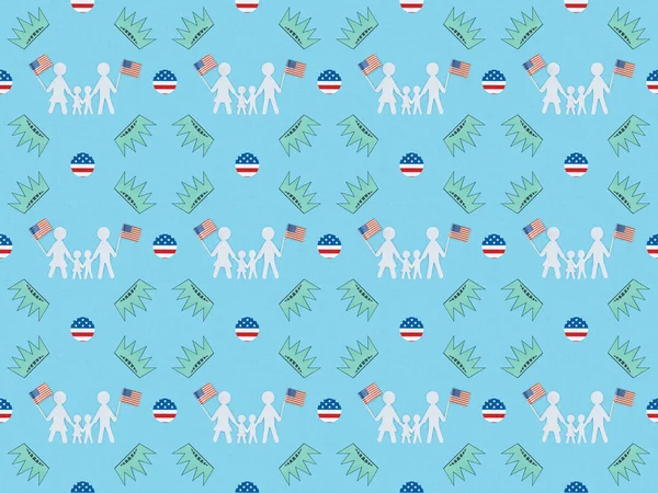 Seamless Background Pattern White Paper Cut Families American Flags Crowns — Stock Photo, Image