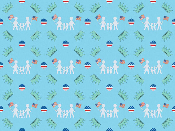 бесшовный фон с белой бумаги вырезать семьи с американскими флагами и короны на синий, День независимости концепции

