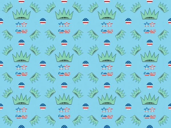 Seamless Background Pattern Mustache Glasses Made Flags Crowns Blue Independence — Stock Photo, Image
