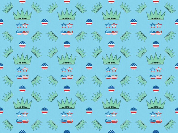 seamless background pattern with mustache and glasses made of us flags and crowns on blue, Independence Day concept