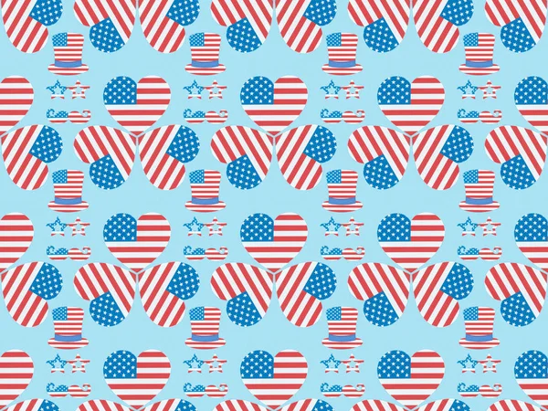 Seamless background pattern with mustache, glasses, hats and hearts made of american flags on blue — Stock Image Seamless Background Pattern Mustache Glasses Hats Hearts Made American Flags Royalty Free Stock Images