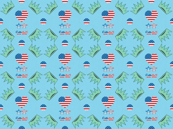 Seamless background pattern with hearts, mustache and glasses made of us flags and crowns on blue, Independence Day concept — Stock Image Seamless Background Pattern Hearts Mustache Glasses Made Flags Crowns Blue Stock Photo