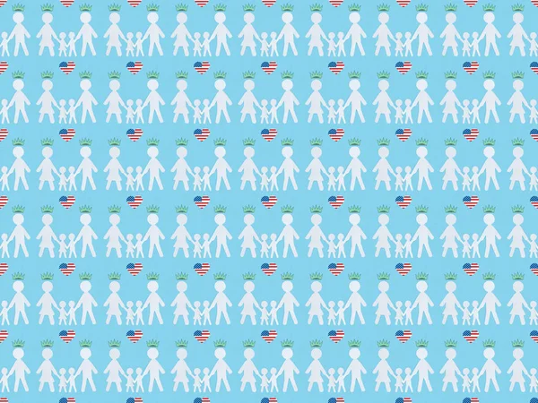 Seamless background pattern with hearts made of us flags, crowns and white paper cut families on blue, Independence Day concept — Stock Image Seamless Background Pattern Hearts Made Flags Crowns White Paper Cut Stock Image