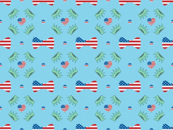 Seamless background pattern with bow ties, hearts and circles made of us flags and crowns on blue, Independence Day concept — Stock Image Seamless Background Pattern Bow Ties Hearts Circles Made Flags Crowns Royalty Free Stock Photos