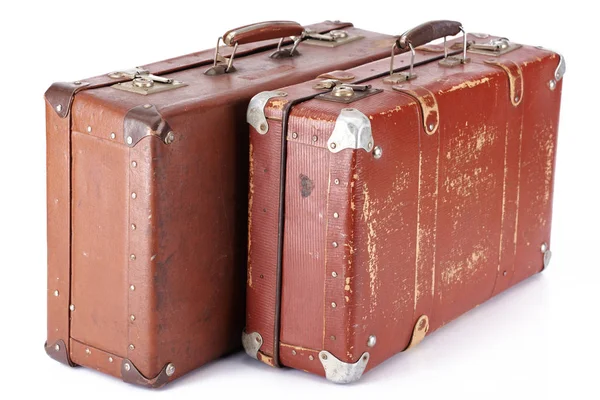 Two Leather Brown Retro Suitcases Isolated White — Stock Photo, Image