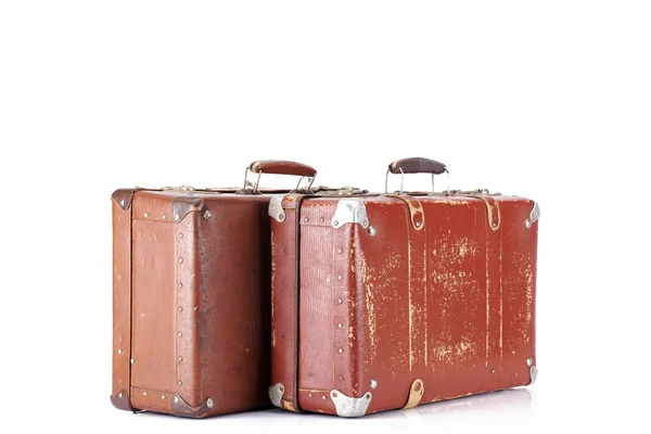 Two Leather Brown Aged Retro Suitcases Isolated White — Stock Photo, Image