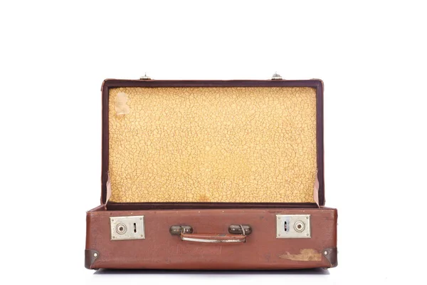 Leather Brown Vintage Opened Suitcase Isolated White — Stock Photo, Image