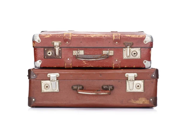 Two Vintage Brown Leather Suitcases Isolated White — Stock Photo, Image