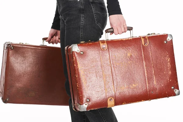 Cropped View Woman Jeans Holding Vintage Weathered Suitcases Isolated White — Stock Photo, Image