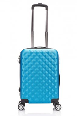 blue wheeled colorful suitcase with handle isolated on white clipart