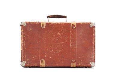 yıpranmış kahverengi vintage bavul beyaz izole
