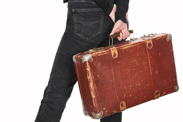 Partial View Woman Jeans Holding Vintage Weathered Suitcase Isolated White — Stock Photo, Image