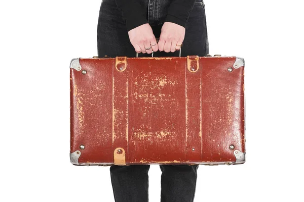 Cropped View Woman Jeans Holding Vintage Suitcase Isolated White — Stock Photo, Image