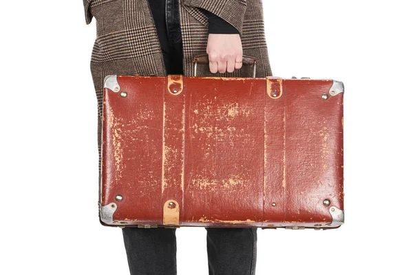 Partial View Woman Plaid Coat Holding Vintage Weathered Suitcase Isolated — Stock Photo, Image