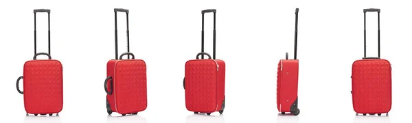 Kollaging Fargede Røde Teksturerte Kasser Med Håndtak Som Isolert Hvite – stockfoto