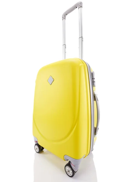 Geel Plastic Wiel Kleurrijke Koffer Met Handvat Geïsoleerd Wit — Stockfoto
