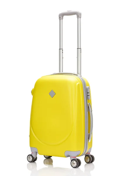 Yellow Plastic Wheeled Suitcase Handle Isolated White — Stock Photo, Image