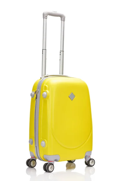 Yellow Wheeled Colorful Suitcase Handle Isolated White — Stock Photo, Image