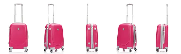 白で隔離されたハンドルを持つ赤いプラスチックホイールカラフルなスーツケースのコラージュ — ストック写真