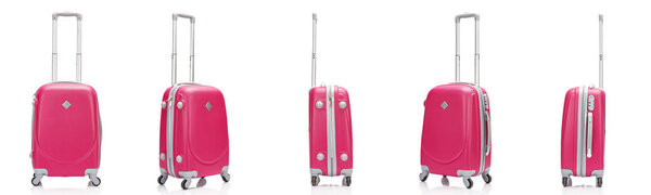 Коллаж из красного пластика коллаж цветные чемоданы с ручками изолированы на белом
