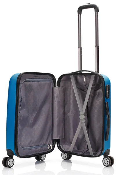 Opened Blue Wheeled Colorful Suitcase Handle Isolated White — Stock Photo, Image