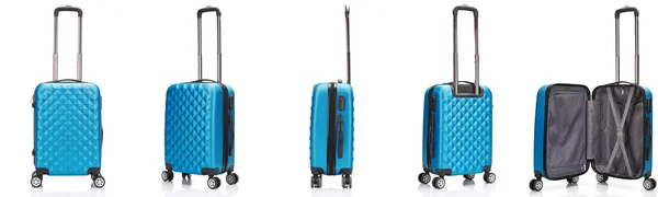 白に隔離されたハンドルを持つ青い車輪付きカラフルなスーツケースのコラージュ — ストック写真
