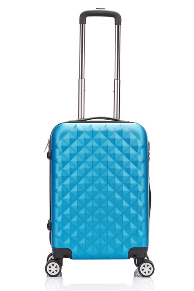 blue wheeled colorful suitcase with handle isolated on white