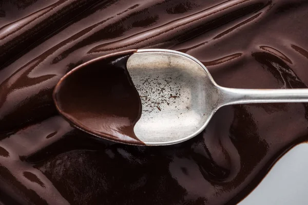 Close View Vintage Spoon Covered Chocolate Melted Chocolate Background — Stock Photo, Image