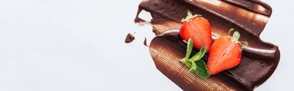 在液体巧克力上拍摄草莓和新鲜薄荷全景照片 — 图库照片