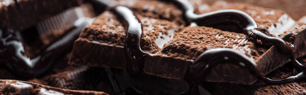 Панорамный снимок кусочков шоколада с расплавленным шоколадом
 