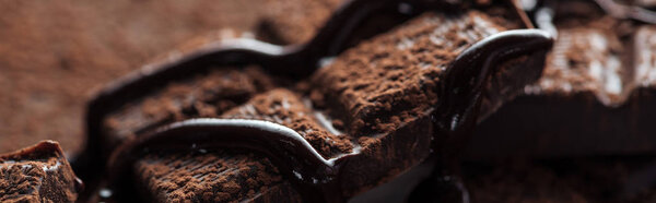 Панорамный снимок кусочков темного шоколада с расплавленным шоколадом и какао-порошком
