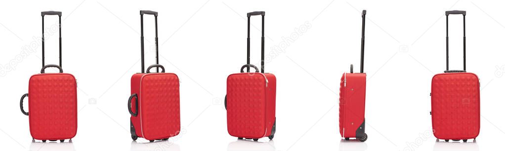 collage of red wheeled textured colorful suitcases with handles isolated on white