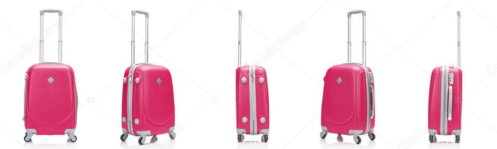 collage of red plastic wheeled colorful suitcases with handles isolated on white