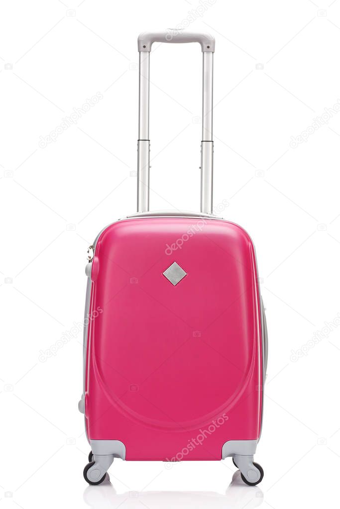 front view of red plastic wheeled colorful suitcase with handle isolated on white