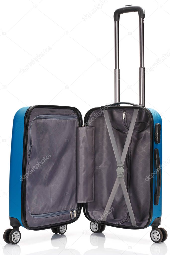 opened blue wheeled colorful suitcase with handle isolated on white