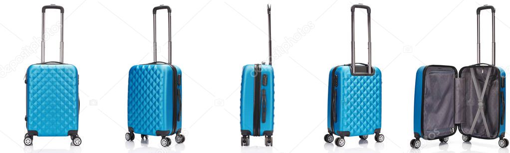 collage of blue wheeled colorful suitcase with handle isolated on white