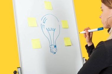 başarılı iş kadını kelime fikir ve ampul beyaz flipchart üzerinde çıkartmalar ile çizilmiş bakarak 