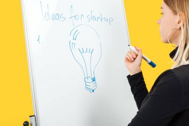 kopya alanı ve ampul çizilmiş beyaz flipchart yanında duran odaklanmış iş kadını