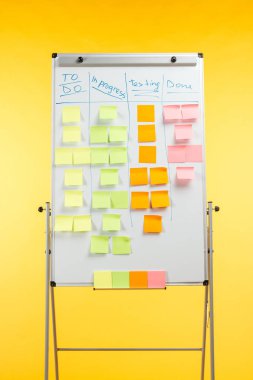 white office board with sticky notes and copy space isolated on yellow