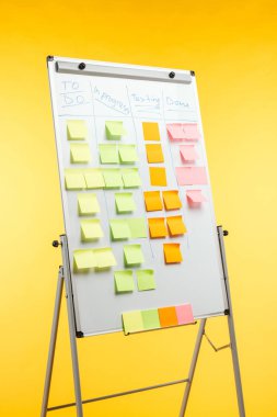 white office board with sticky notes and copy space isolated on yellow