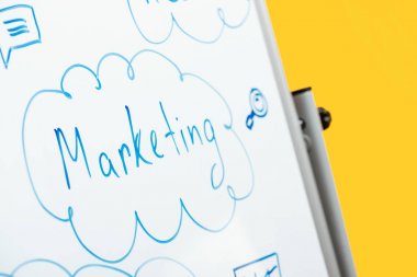 beyaz flipchart yazılmış kelime pazarlama yakın görünümü