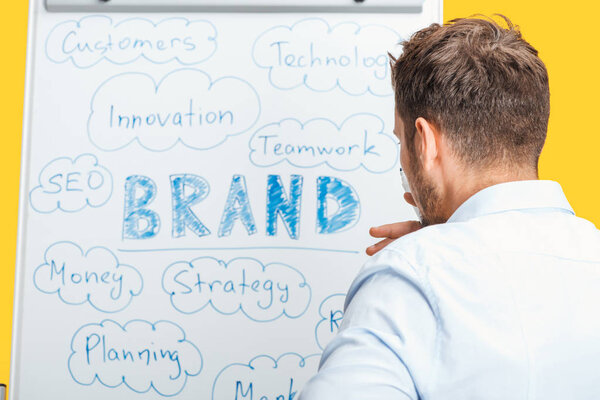 back view of pensive businessman standing near white office board, looking at words on flipchart