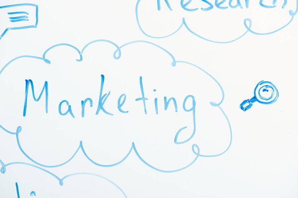 close up view of word marketing written on white flipchart