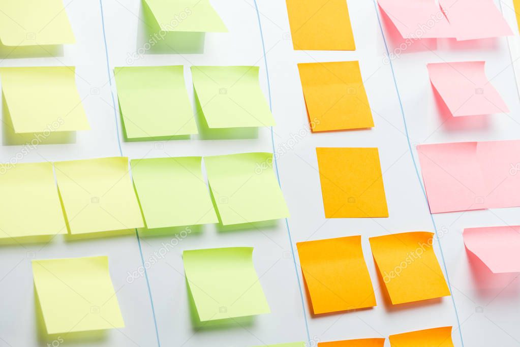 white office board with colorful sticky notes and copy space