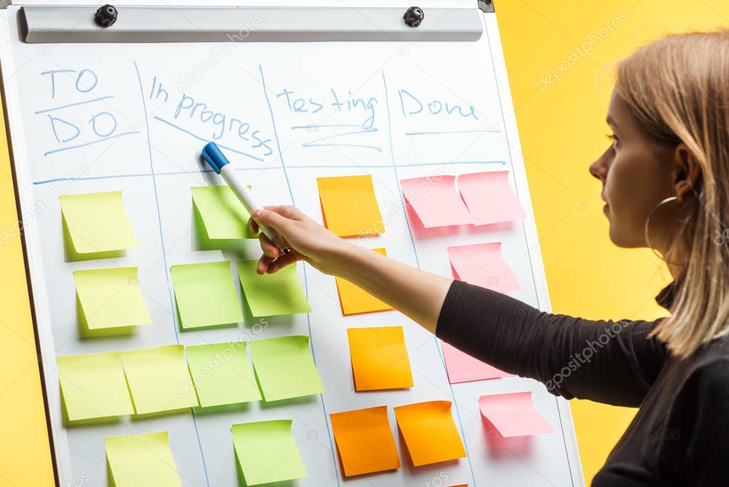 profile of businesswoman standing near white flipchart, pointing at words over sticky notes