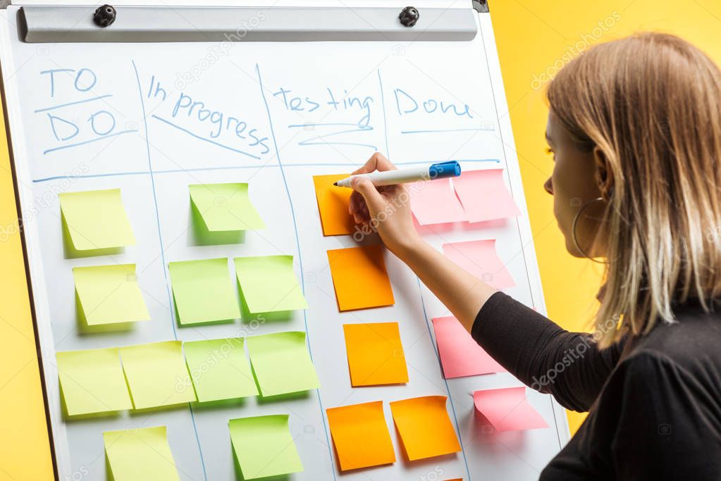 businesswoman standing near white flipchart, writing on stickers notes