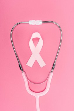 top view of pink breast cancer sign in stethoscope on pink background clipart