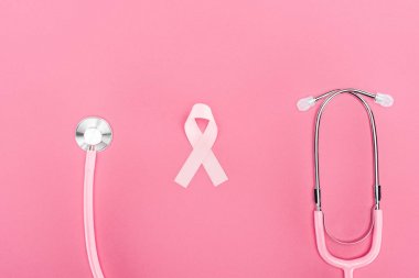 top view of stethoscope and pink breast cancer symbol on pink background clipart