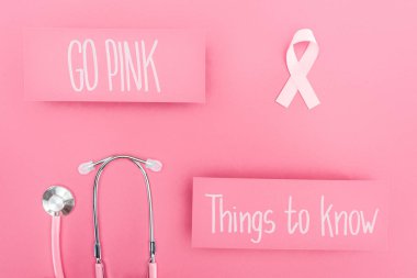 pembe ve şeyler pembe arka plan üzerinde yazı bilmek yakın stetoskop ve pembe meme kanseri işareti üst görünümü